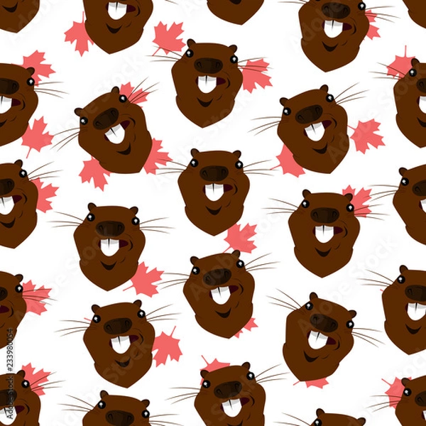 Fototapeta Seamless pattern with the image of the head of a beaver on the background of maple leaves