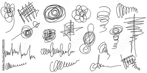 Fototapeta Big set of hand drawn scribble shapes.  Collection of abstract objects in duddles style. Continuous line.Vector.Isolated on white background.