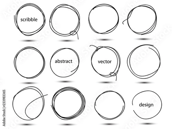 Fototapeta Set of hand drawn scribble circles. Collection of abstract round frames in doddles style. Round design element. Continuous line. Vector. Isolated on white background.