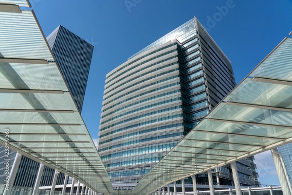 Fototapeta 歩行者専用橋と現代的なオフィスビル