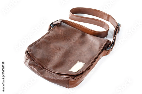 Obraz bag leather brown old on white background.