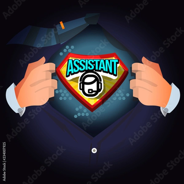 Fototapeta man open shirt to show "assistant service" logotype - vector