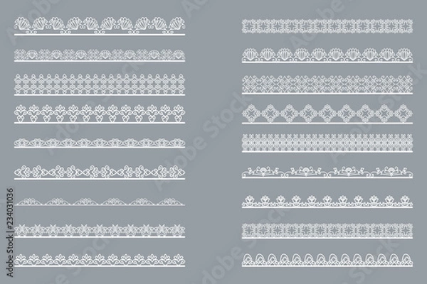 Fototapeta Set of horizontal isolated White lace borders for design. Patterned elegant beautiful edge. Vector illustration