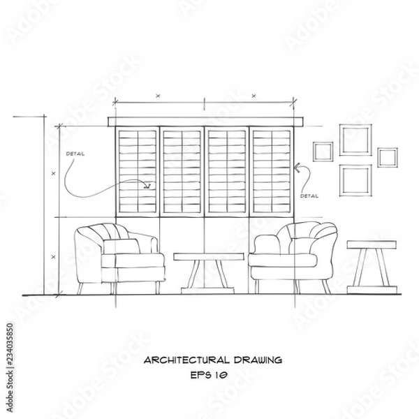 Fototapeta Architectural Sketch on White Background : Vector Illustration