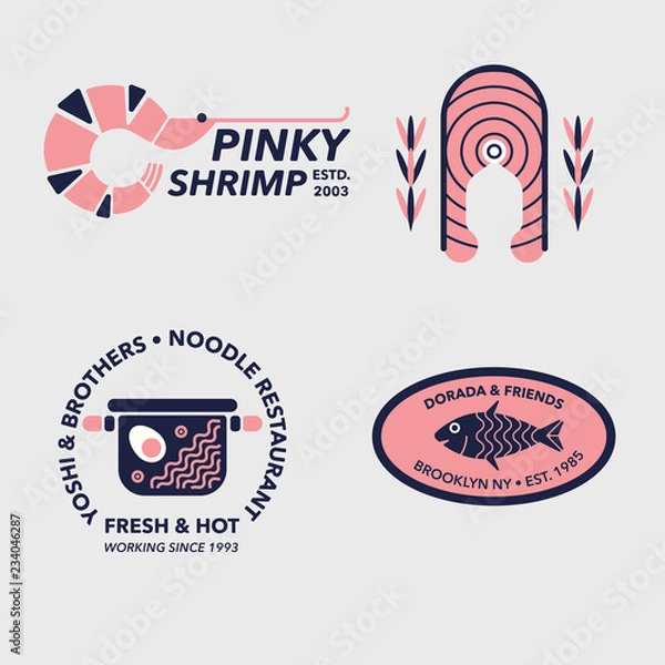 Fototapeta Fish and Seafood restaurant logos, badges and labels. Tasty salmon stake along with shrimp and fish