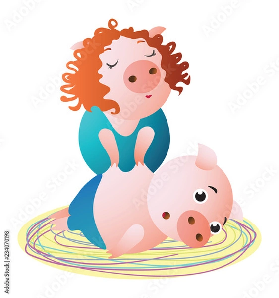 Fototapeta A Pig specialist makes massage to client.  Vector illustration. Symbol of the new year 2019 Isolated on transparent background. Excellent for the design of postcards, posters, stickers etc.  