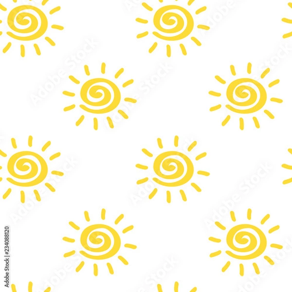 Fototapeta Vector seamless pattern with sun isolated on white backdrop. Sumer background. Creative colorful wallpaper for yoga club. For textile and fabric, cover, print on clothes. Ether sign.