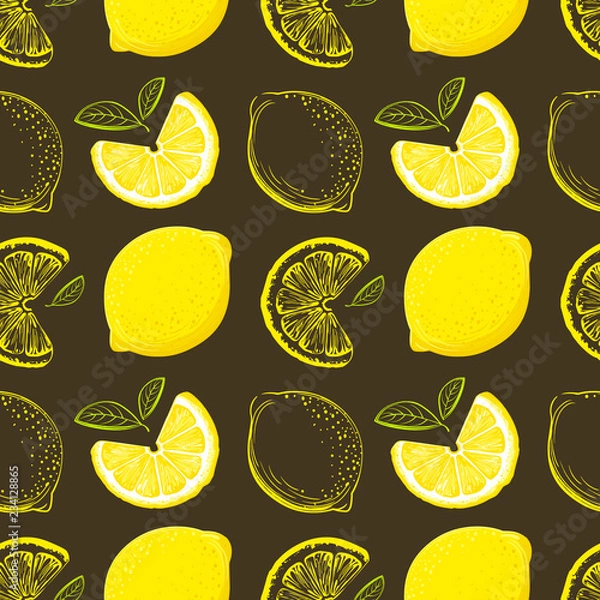 Fototapeta Lemon seamless pattern. Colorful sketch lemons. Citrus fruit background. Elements for menu, greeting cards, wrapping paper, cosmetics packaging, posters etc