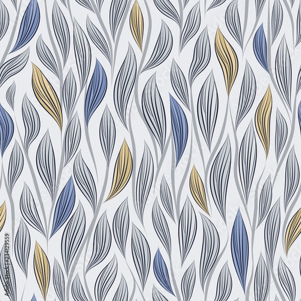 Fototapeta Seamless vector floral pattern with abstract leaves and branches in blue-gray colors on white background