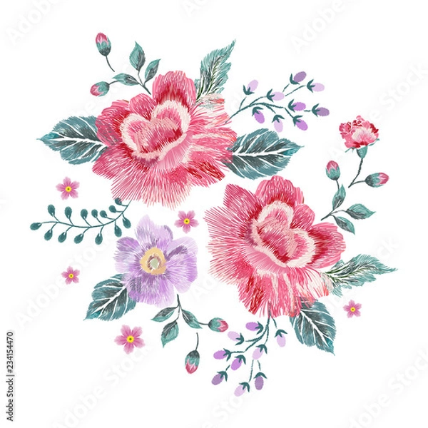 Fototapeta Embroidery floral native pattern with roses. Vector embroidered patch with flowers for wearing design.