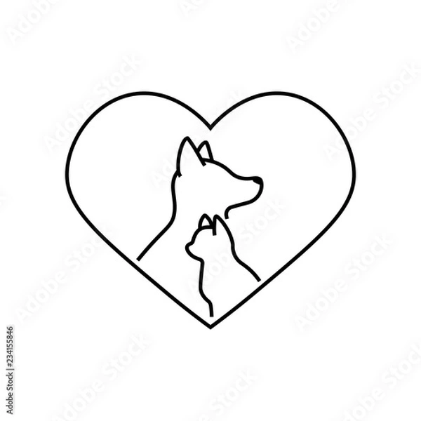 Fototapeta Donation for pets linear icon. Animals welfare. Thin line illustration. Heart with cat and dog snouts inside. Contour symbol. Vector isolated outline drawing.