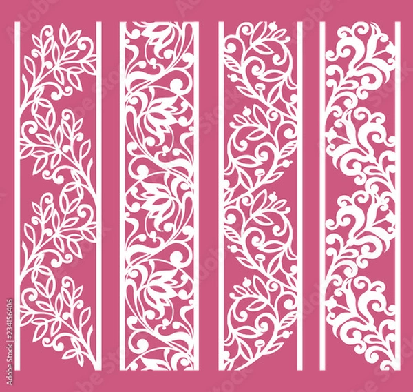 Fototapeta Ornamental panels with floral pattern. Flowers and leaves. Laser cut decorative lace borders patterns.