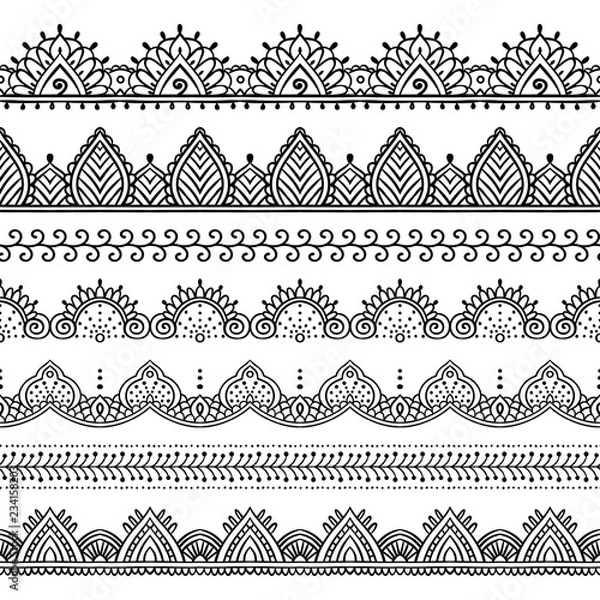 Fototapeta Zestaw granic bezszwowe koronki. Elementy konstrukcyjne można wykorzystać do wykonania tatuażu henną, taśm washi, papieru pakowego. Etniczny wzór w stylu Mehndi, indyjskim, orientalnym. Ręcznie rysowane doodle ilustracja.