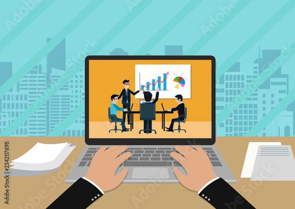 Obraz teamwork business meeting concept. businessmen help to brainstorm modern idea and to achieve success and rise. hand typing white modern keyboard on notebook. business finance concept. cartoon vector