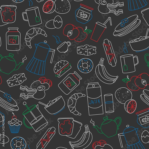 Fototapeta Seamless pattern on theme of food and breakfast , simple contour icons,painted with colored chalks on the dark school Board