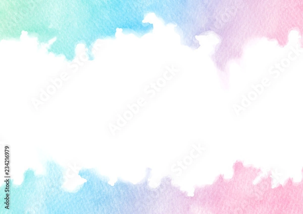 Fototapeta Hand painted colorful watercolor texture frame isolated on the white background. Rectangular border template for cards and wedding invitations of green, blue and pink gradient colors.