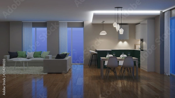Obraz Modern house interior. Evening lighting. Night. 3D rendering.