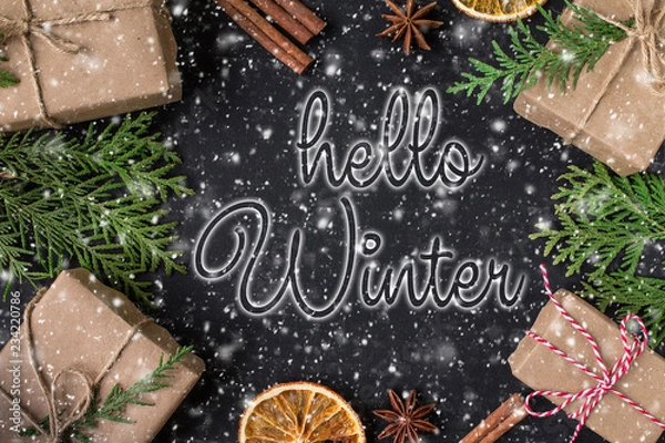 Fototapeta HELLO WINTER lettering design. Winter holiday composition.