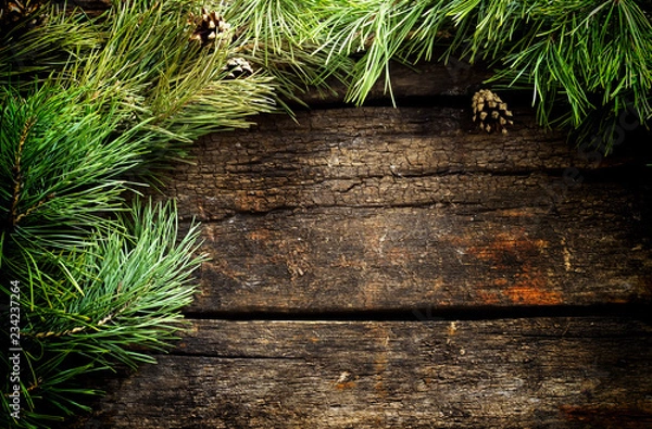 Obraz Vintage  Christmas holiday wooden planks rural background. Beautiful Empty Christmas Backdrop decorated with snow.  New Year Background.  Xmas background with pine branches