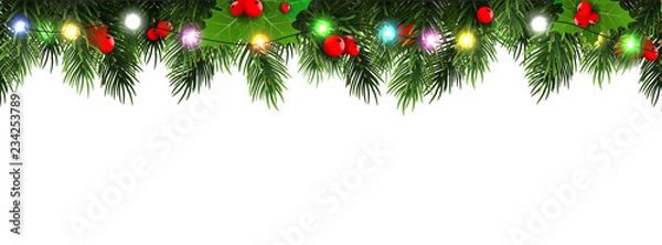 Fototapeta Poziome Boże Narodzenie ramki z gałęzi jodłowych, szyszek, jagód i świateł. Ilustracji wektorowych.