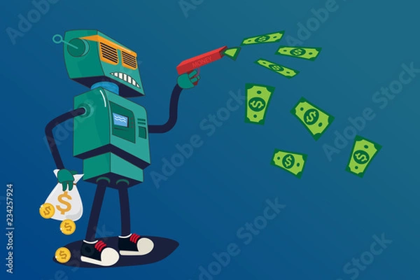 Fototapeta Robot ATM. Cool robot with glasses shoots a gun with money