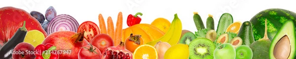 Fototapeta Wide panoramic collage of fresh fruits and vegetables isolated on white background. banana, pomegranate, radish, watermelon, apple, orange, carrot, onion, tomato, pepper and avocado, kiwi and pumpkin