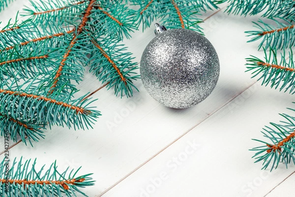 Obraz Christmas background, pine tree branches with decoration