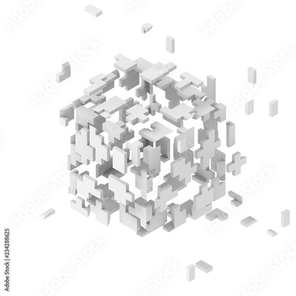 Fototapeta Light gray chaotic cube matrix in white background. 3D render