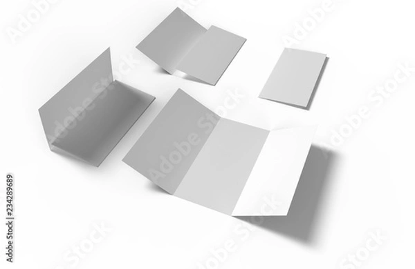 Fototapeta Set of four blank paper trifold leaflet mockups on white background with shadows. Different state. Photorealistic 3D illustration