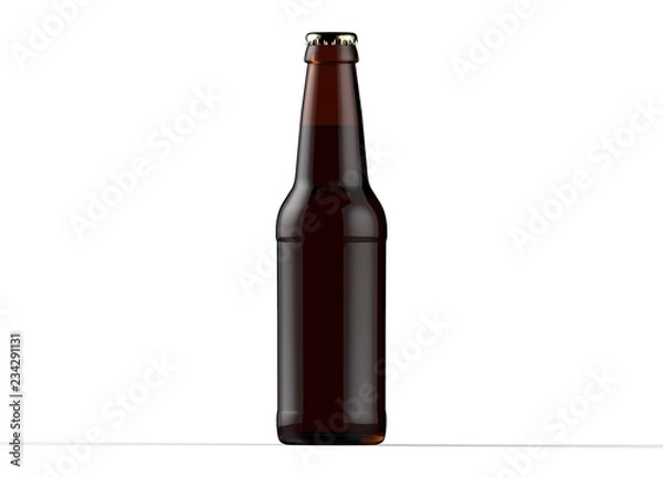 Fototapeta Brown glass isolated full beer bottle with white cap on white background. 3D rendering