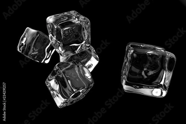 Fototapeta Five transparent ice cubes isolated on black background. 3D rendering