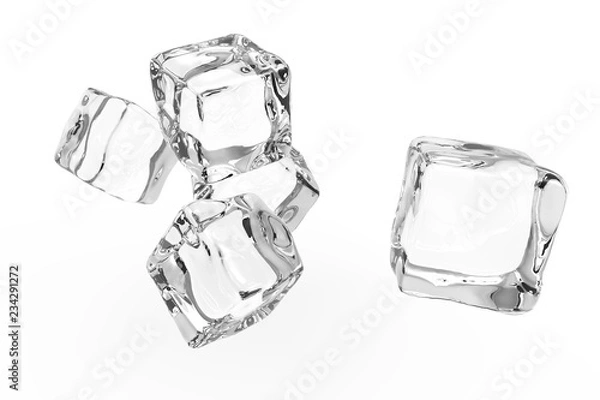 Fototapeta Five transparent ice cubes isolated on white background. 3D rendering