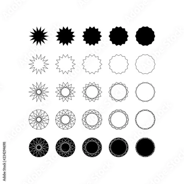 Fototapeta Set of twenty five different styles of fourteen point star (tetradecagram) and  tetradecagon.