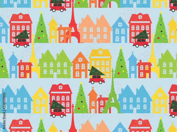 Obraz Pattern with Christmas tree with Flag in green and red. The pattern for the New Year. xmas background.Car carried Christmas tree in the holiday season in the city holiday with colorful buildings.