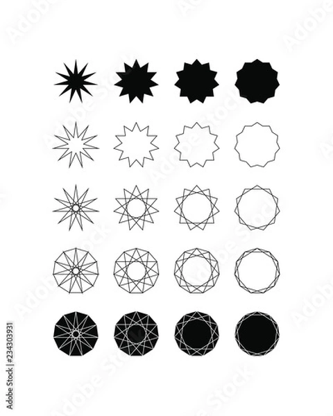 Fototapeta Set of fifteen different styles of eleven pointed star (hendecagram) and hendecagon.