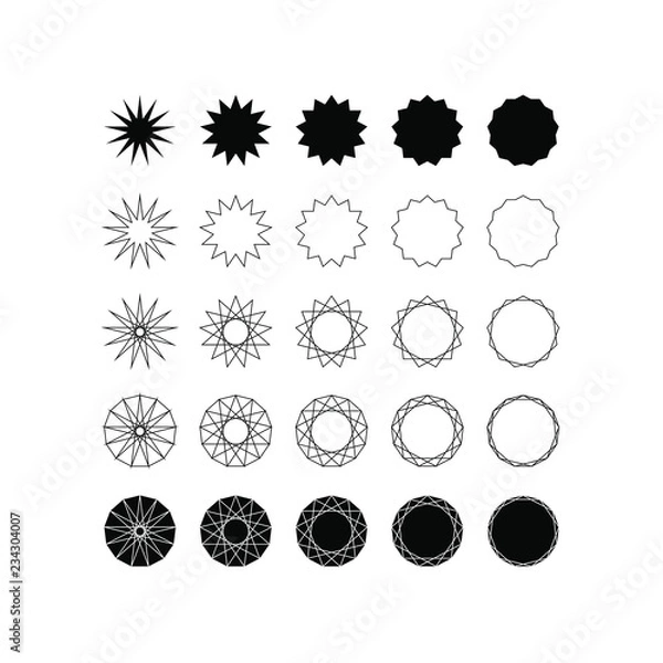 Fototapeta Set of twenty five different styles of thirteen point star (tridecagram) and  tridecagon