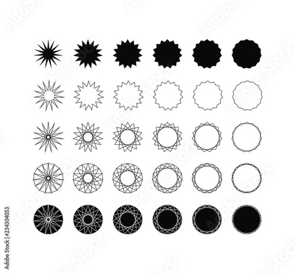 Fototapeta Set of thirty different styles of fifteen point star (pentadecagram) and  pentadecagon.
