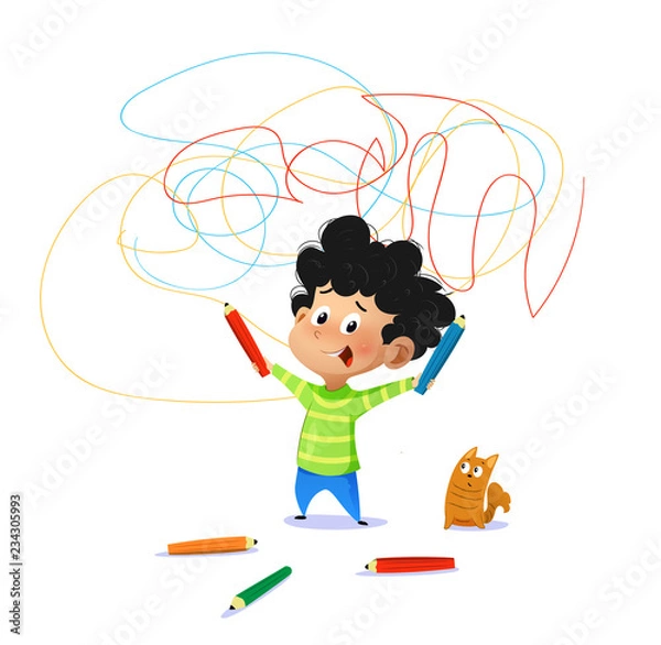 Obraz Cute boy paint drawings on the wall. Vector