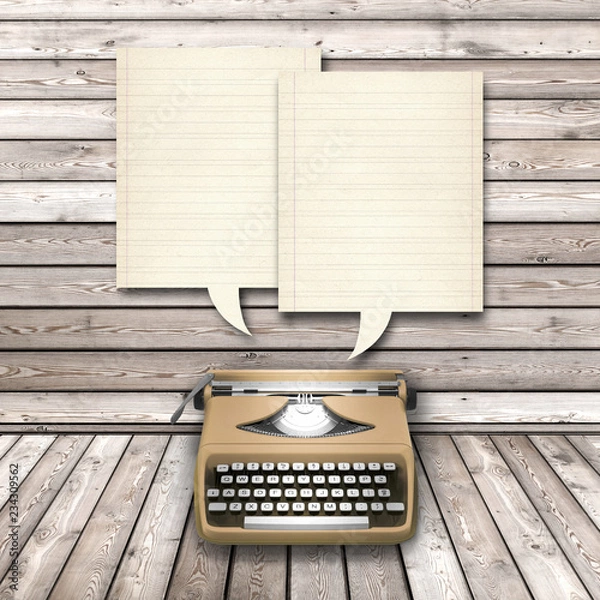 Fototapeta 3d illustration rendering of typewriter on wood with blank old paper striped sheet frames