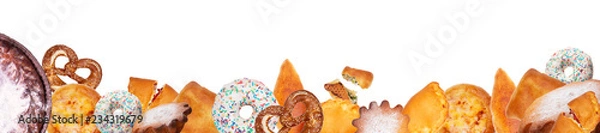 Fototapeta Bread and bakery products isolated on white background. Panoramic collage. Wide photo with free space for text.