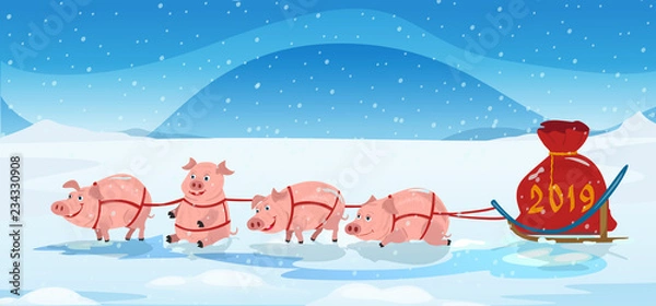 Fototapeta Pigs sled team and chrismas bag with numbers 2018. Winter background