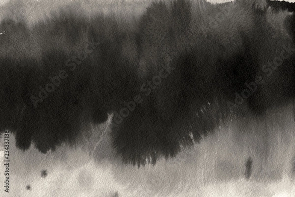 Fototapeta  Black with grey ink texture with abstract washes and brush strokes on white watercolor paper background.