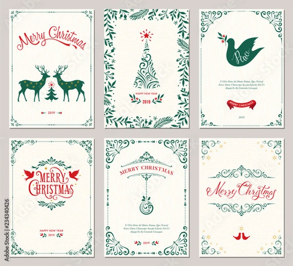 Fototapeta Ozdobne pionowe kartki z życzeniami świątecznymi z choinką noworoczną, reniferami, bożonarodzeniowym gołębiem, projektami typograficznymi, kwiatowymi i wirowymi ramkami.