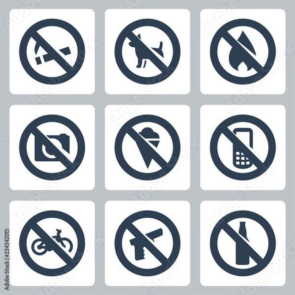 Fototapeta Vector "prohibitory signs" icons set: no smoking, no dogs, no fire, no cameras, no icecream, no cell phones, no bicycles, no guns, no alcohol