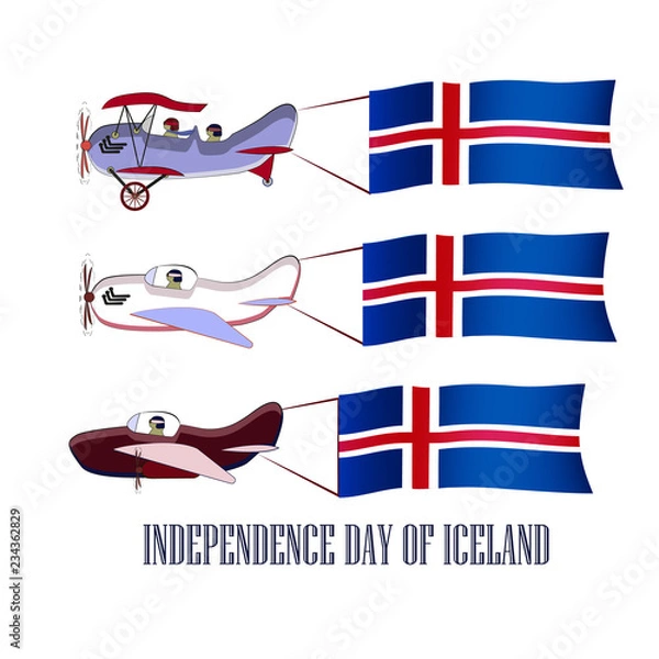 Fototapeta Independence Day of Icelandic, set with three planes and national flags on an isolated background, vector illustration