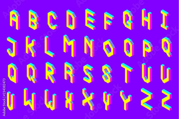 Fototapeta bold colorful isometric pixel 3d font. modern bright uppercase geometric alphabet letters set. stock vector illustration clipart