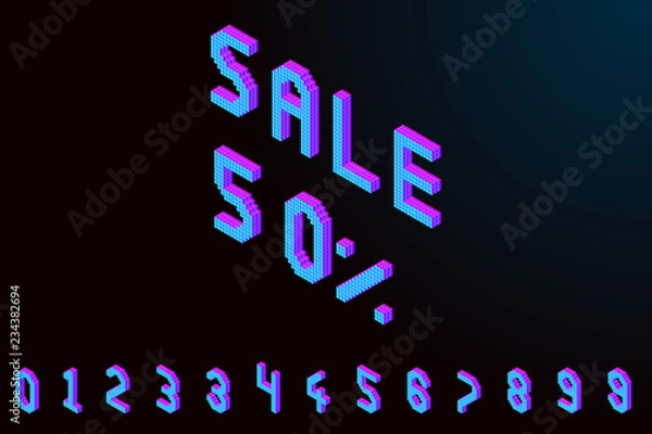 Fototapeta bold colorful isometric pixel 3d font. modern bright uppercase geometric alphabet numbers set. stock vector illustration clipart