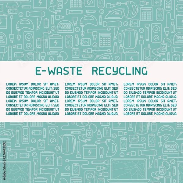 Fototapeta E-waste ready concept info poster with old appliances and inscription. Line style vector illustration. There is place for your text