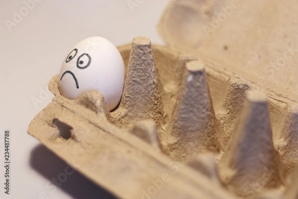 Fototapeta lonely white egg with a sad painted face in a cardboard box