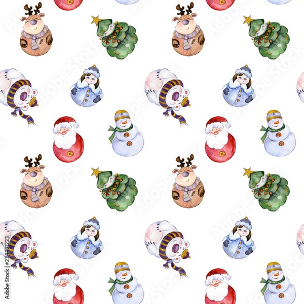 Fototapeta Seamless pattern with funny Christmas characters (Snow Maiden, caribou, polar bear, Christmas tree, snowman) on white background. Watercolor painting.